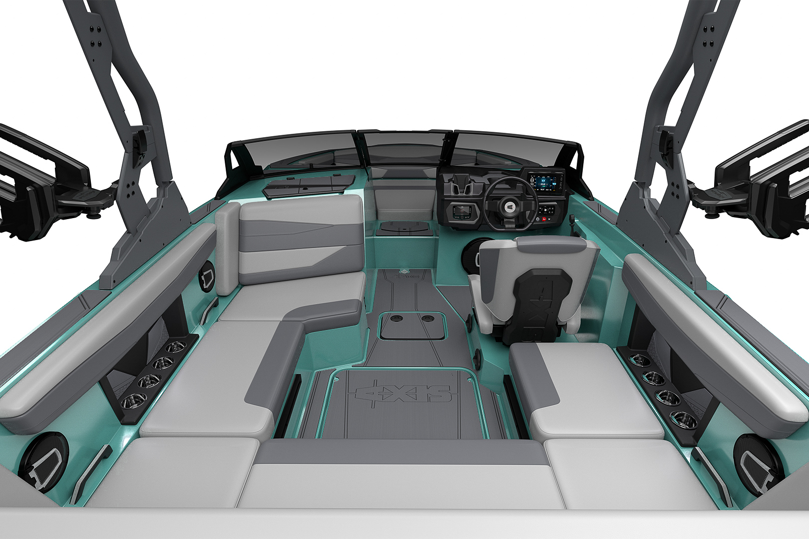 Wide interior view of the Axis A200 wake boat showcasing the lounge layout, helm, and rear walkthrough.