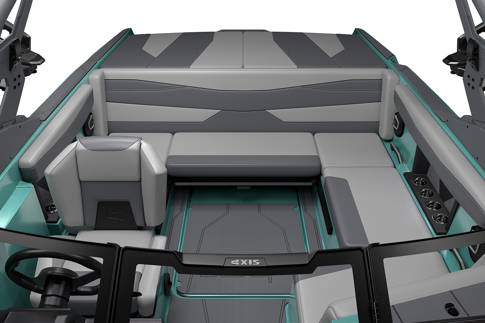 Axis A200 transom area with rear-facing lounge and walkthrough for easy lake access.