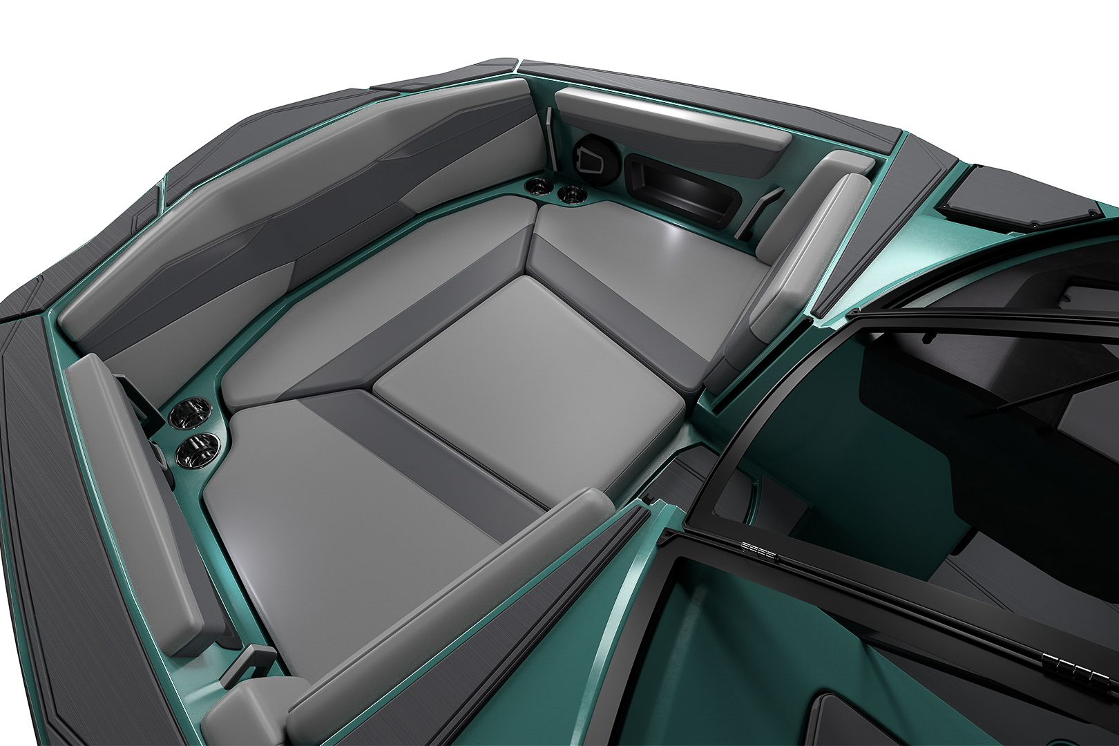 Spacious pickle-fork bow seating of the Axis A200 with integrated cupholders and ergonomic cushions.