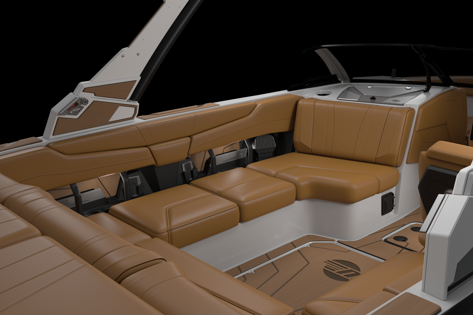Interior seating on the Malibu 21 LX with hinged cushions and recessed handles.