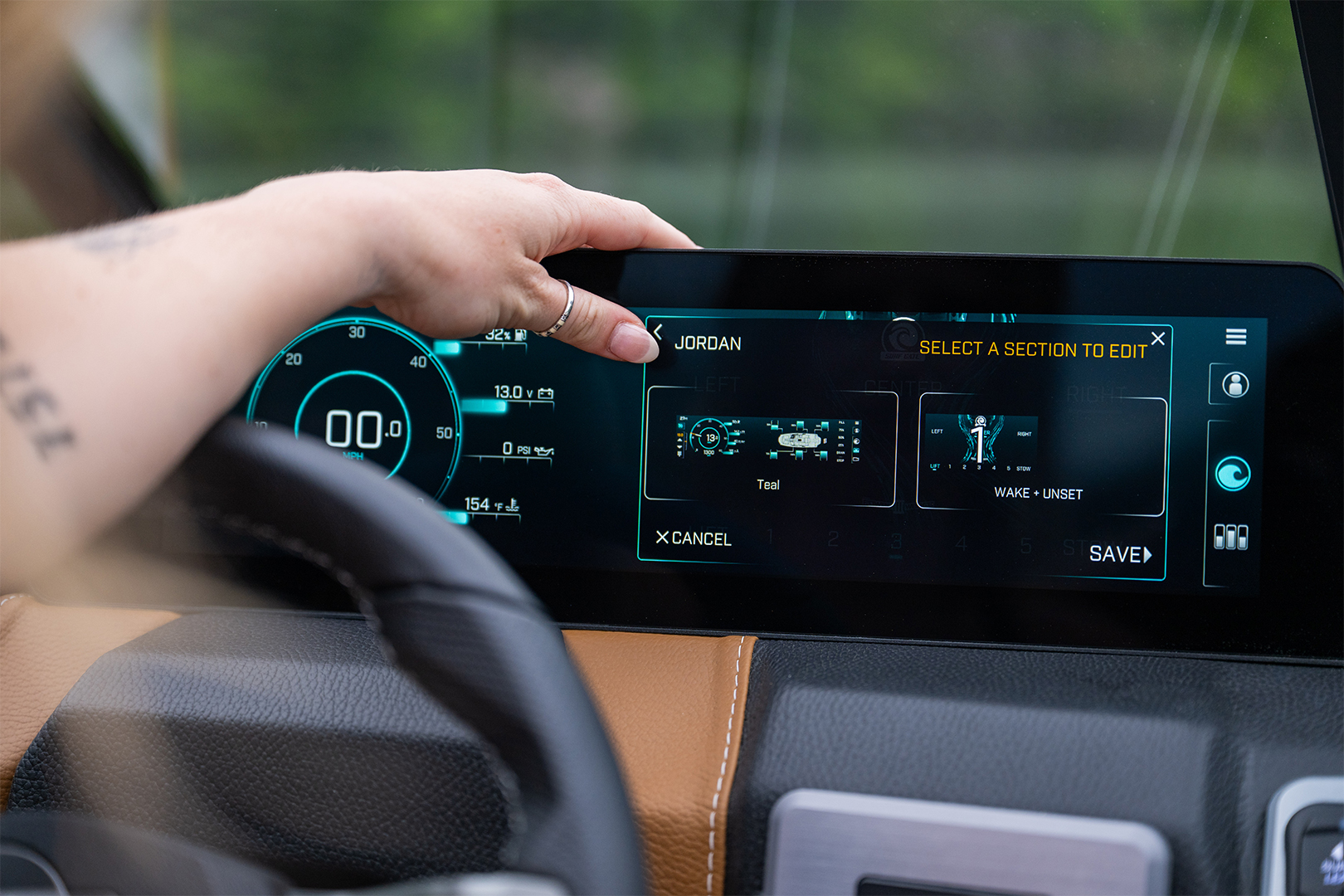 Touchscreen interface on Malibu 21 LX showing presets for wakesurf and wakeboard modes.