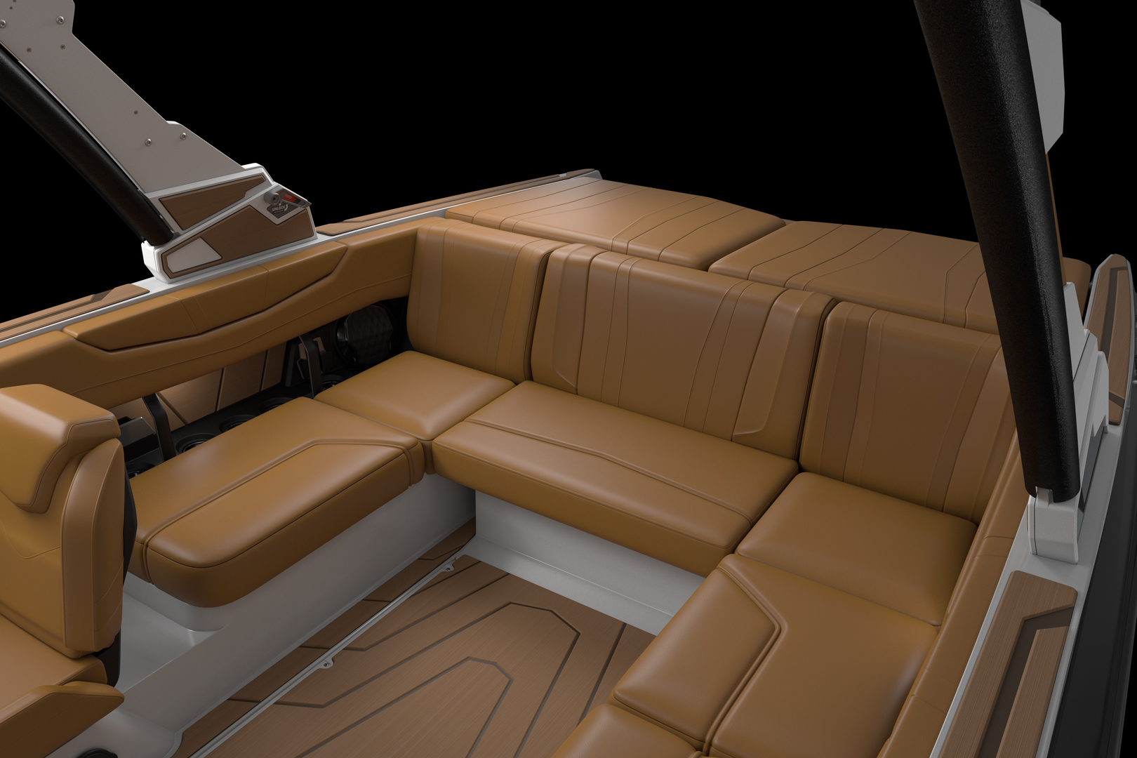 Malibu 21 LX lounge seating with premium brown vinyl and recessed storage.