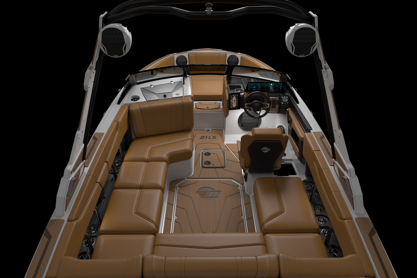 Top-down view of 2026 Malibu 21 LX interior showing helm, lounge, and walkthrough.