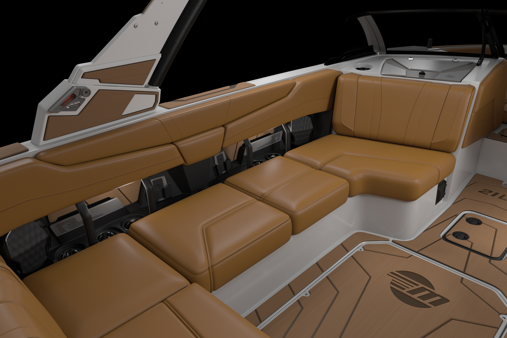 Side view of interior seating on the Malibu 21 LX highlighting walk-through and storage.