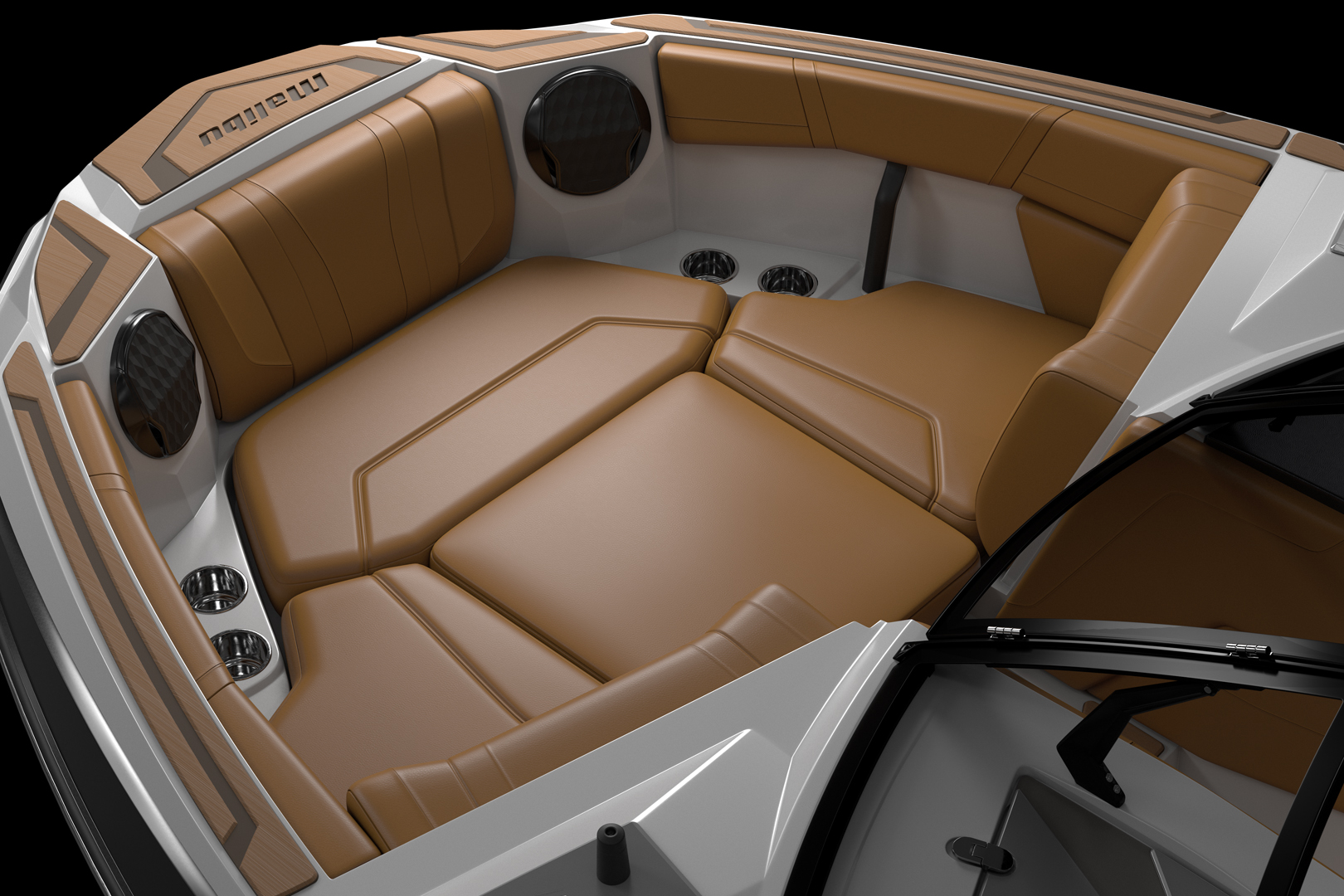 Hybrid bow seating of the Malibu 21 LX with armrests, speakers, and cup holders.